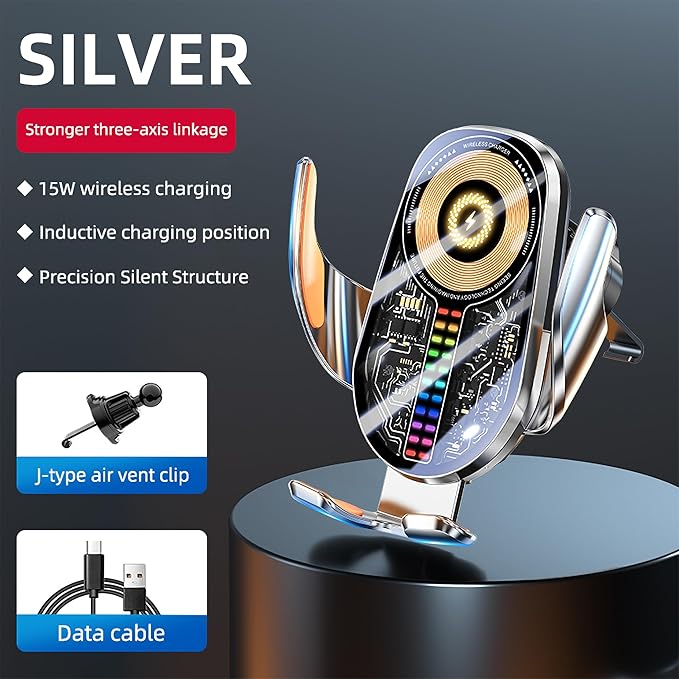 Wireless Car Charger Mount Cell Phone Holder Car - Auto Clamping 3-Axis Adjustable Phone Mount for Car Vent with 15W Fast Charging and Ultra-Thin Design Slim Profile for iPhone 16 Pro Max 16 15 14