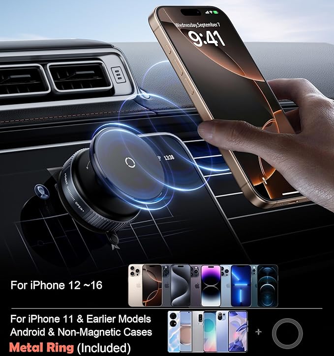 Latest Magnetic Car Phone Holder Ultra Vacuum Suction Cup Phone Mount Magnetic Car Mount Cell Phone Holder for Your Car Accessories for iPhone 15 14 13 12 Android (Black)