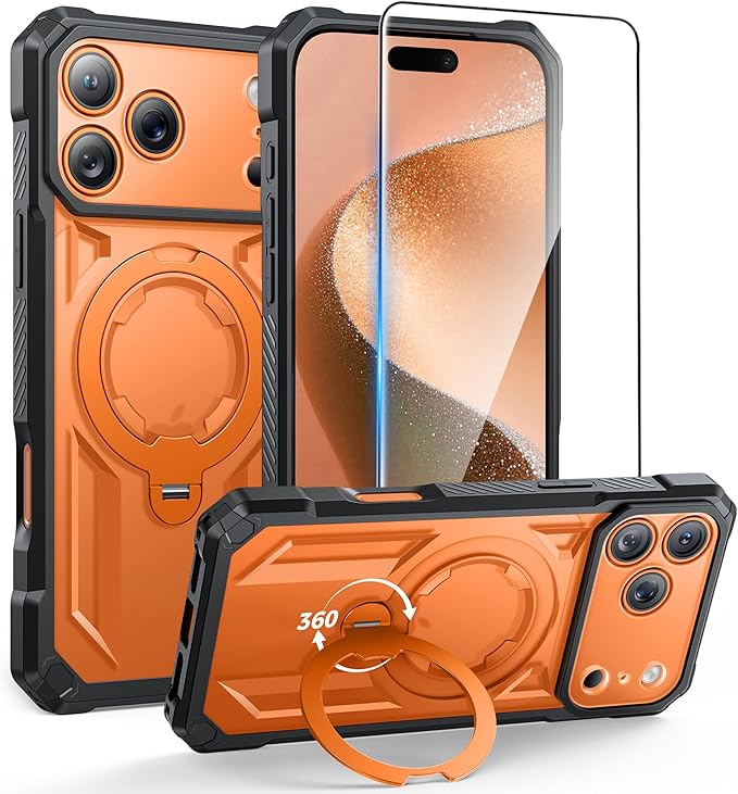 FNTCASE for iPhone 17 Pro Case: [360 Spin Magnetic Ring Kickstand] [Compatible for MagSafe] [Screen Protector] Heavy Duty Military Grade Protection Protective Phone Case with Stand Translucent Orange