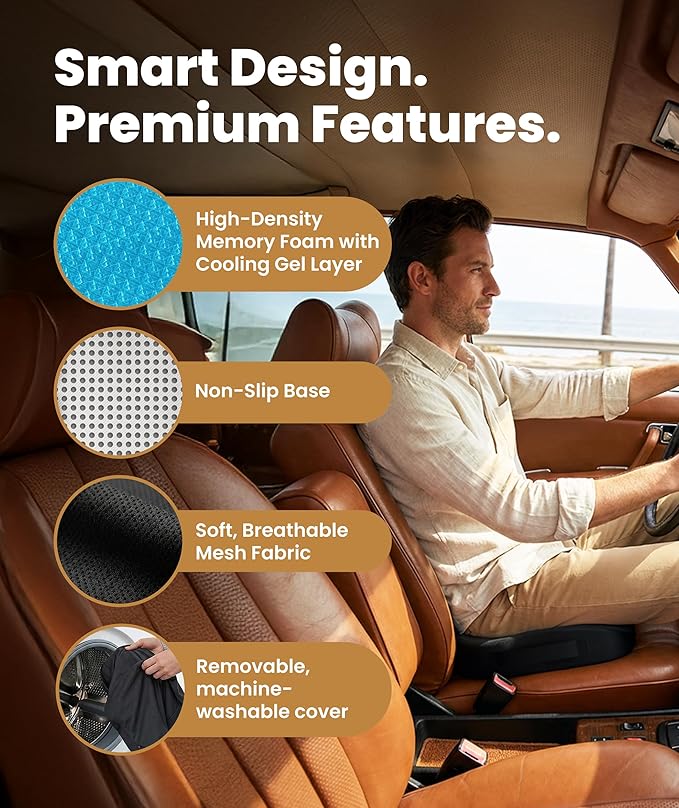 Everlasting Comfort Doctor Recommended Memory Foam Seat Cushion for Office Chairs & Car - Ergonomic Office Desk Accessories - Cushions for Tailbone Pain Relief, Sciatica (Black Cool, Large)