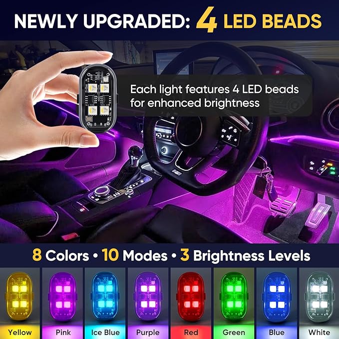 Upgraded 4LEDs 8PCS Wireless LED Strobe Lights with Remote Control, 8 Colors Type-C Rechargeable Led Lights Anti Collision Warning Light for Car Motorcycle Bike Drone Aircraft