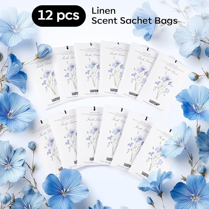 MYARO 12 Pack Fresh Linen Scented Sachets for Drawer, Closet & Car Air Freshener Bags | Odor Eliminator & Fabric Refresher | Crisp, Clean Home Fragrance Gift Set