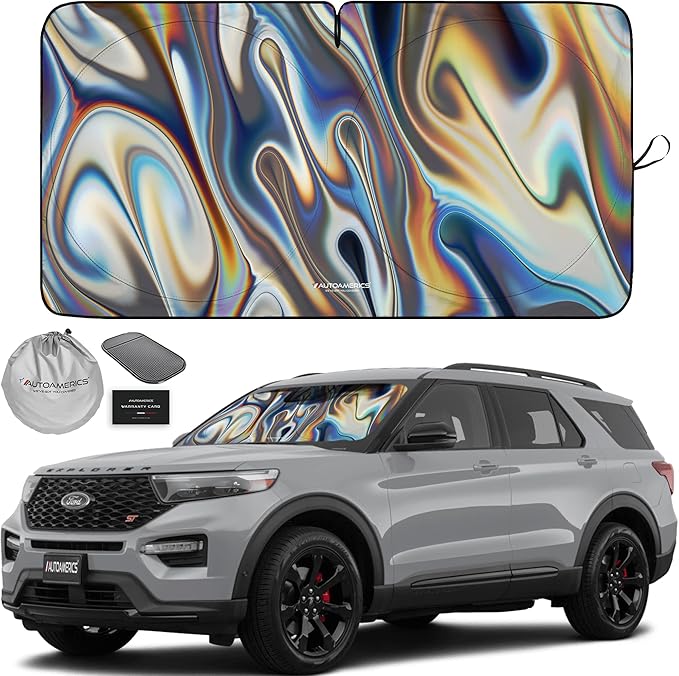 Autoamerics 1-Piece Windshield Sun Shade - Chrome Liquid Foldable Car Front Window Sunshade for Cars SUV Truck - Heat Blocker Visor Protector Blocks Max UV Rays and Keeps Your Vehicle Cool - Medium