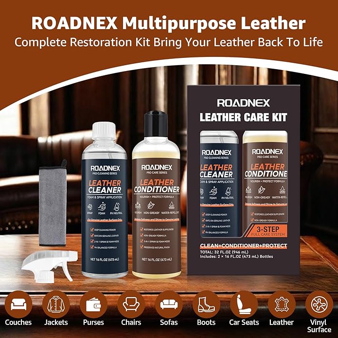 Leather Cleaner and Conditioner Kit | Leather Cleaner for Car Seats,Sofas,Furniture,Shoes,Boots,Bags | pH-Balanced,Restores,Protects | 2 x 16 oz Bottles