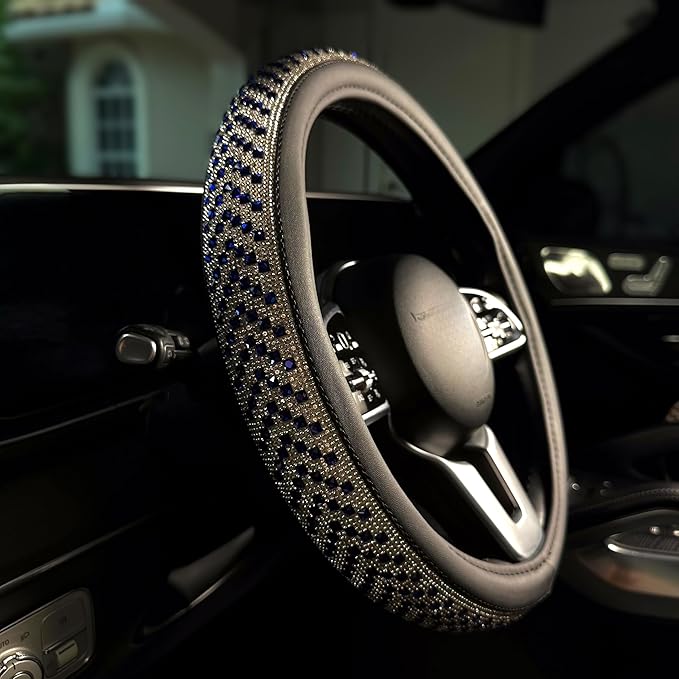 Lord AutoFashion 15 Inch Luxury Universal Steering Wheel Cover Rhinestone Crystals Anti-Slip Microfiber Leather for Women Girls Car Accessory Bling Diamonds (Blue JX06)