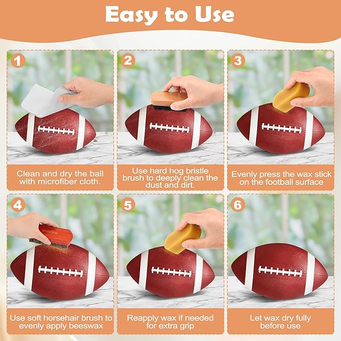 Luxiv 6Pcs Football Prep Kit, 6 in 1 Football Wax for Improved Tack Leather Football Conditioning Set for Enhanced Grip with Soft Horsehair Brush, Hard Hog Bristle Brush, 2 Waxes, Clean Cloth, Bag