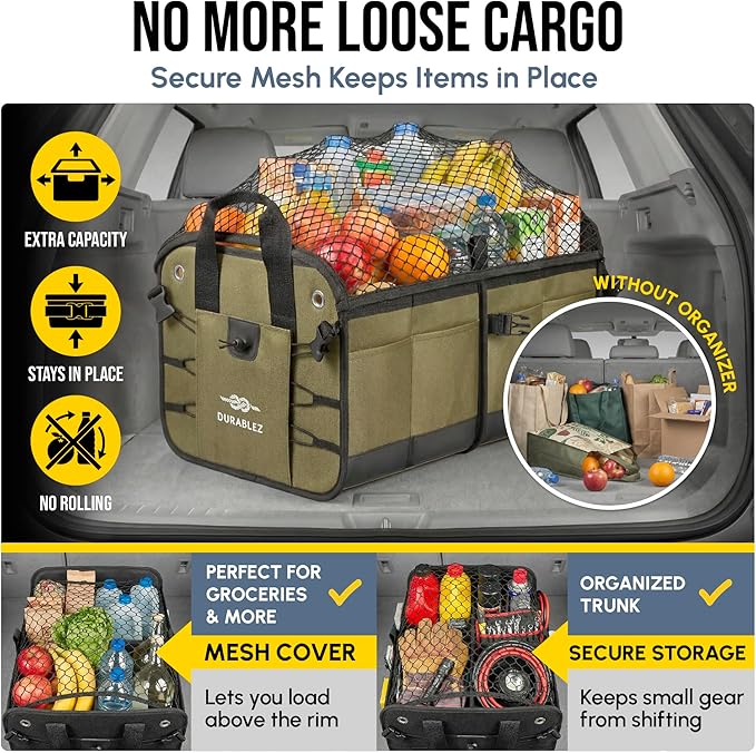 5-Section Extra Large Trunk Organizer – Heavy Duty 1680D Oxford, Collapsible & Foldable Car Cargo Organizer, Modular Multi-Shape Storage System for SUV, Truck, Van – Military Green