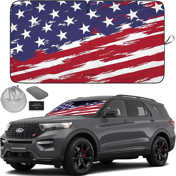 Autoamerics 1-Piece Windshield Sun Shade USA Art Flag - 2 American Design - Foldable Car Front Window Sunshade for Most Sedans SUV Truck - Blocks Max UV Rays and Keeps Your Vehicle Cool - Medium