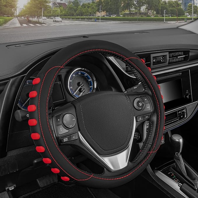 Motor Trend FlexGrip Red Steering Wheel Cover for Cars – Standard 15 inch Car Steering Wheel Cover, Red and Black Steering Wheel Protector for Auto Truck Van SUV