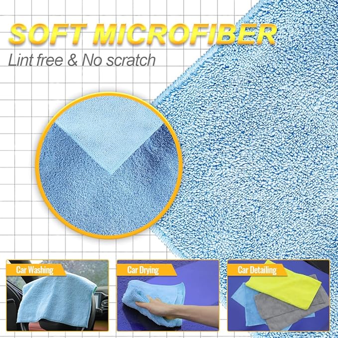 Car Wash Drying Towels, 450gsm Ultra-Thick Absorbent Lint-Free Extra Soft Microfiber Rags for Car Detailing, Interior & Exterior Cleaning Cloths, 16in x 16in - Microfiber, Grey+Blue+Yellow, 12 Packs