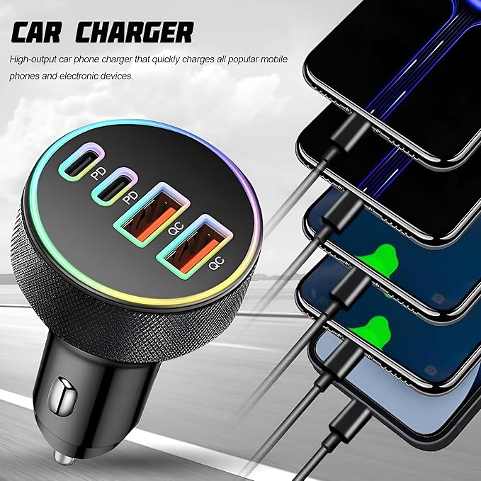 4 in 1 USB C Car Charger, 4-Port 90W PD QC Dual USB C & USB A Vehicle Fast Charging Cigarette Lighter Adapter, Multiport Auto Phone Charge Adapter, Fits 16 15 14 Pro Max Tablet (Black)
