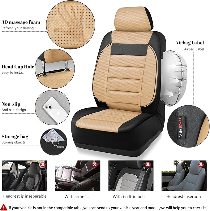 CAR PASS Faux Leather Car Seat Covers Front Seats Only, 3D Foam Support Car Seat Covers, Universal fit for Trucks Vans SUVs Sedans Automotive Comfortable, Airbag Compatible 2 Pieces Front Black Beige