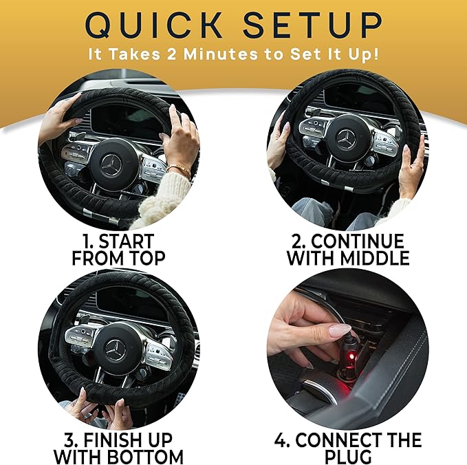 VaygWay Car Heated Steering Wheel Cover - 12v Black Soft Plush Warmer Car Steering Wheel Heater - Premium Quality 15" Auto Comfortable Steering Wheel Cover Protector Warmer for Vehicle (Soft Plush)