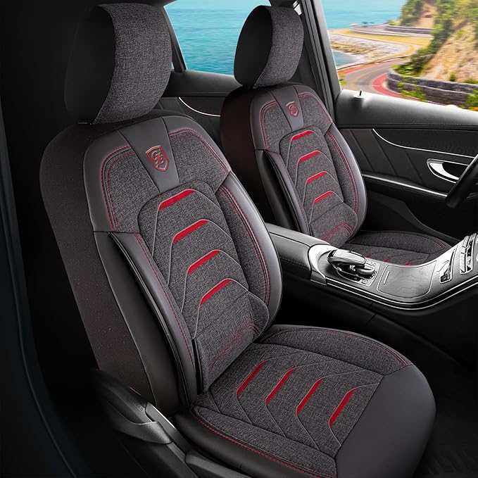 Premium Car Seat Covers Front Seat - Linen Car Seat Cover for SUV, Cars, Most Pickups, Smoke Grey-Red Stitching, Car Seat Protector, Car Seat Covers Front Seats, Car Seat Protector