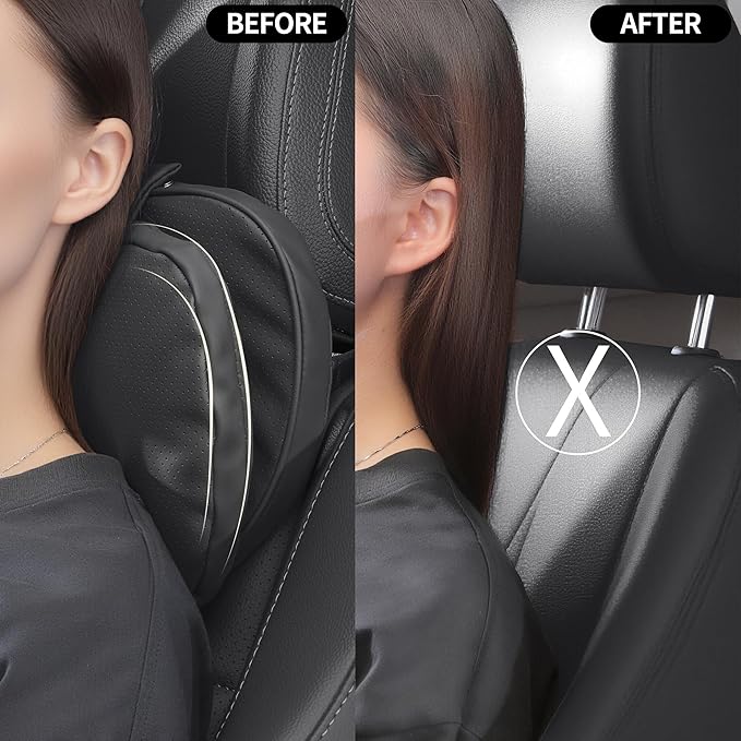 Car Headrest Pillow for Driving, Dual-Sided Leather Design Neck Pillow, Breathable Softness Neck Support, Universal Fit Head Rest Travel Pillow, Black, 1 Pack