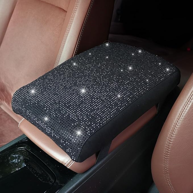 Black Bling Car Armrest Cover with Memory Foam Cushion Pad & Rhinestones, Universal Diamond Center Console Cover for Cars, Bling Middle Console Cover, Bling Car Accessories for Women, Black