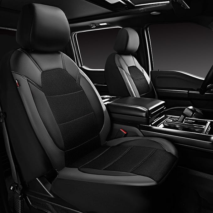 CAR PASS Leather Car Seat Covers Front Seats only, with Air Mesh Front Seat Covers Breathable, Cool Automotive Seat Covers 2 Pack, Universal Fit Most Cars,SUV,Truck,Van Airbag Compatible(Black Gray)