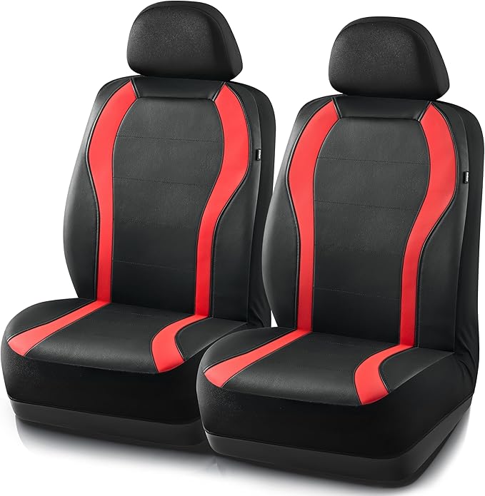 PIC AUTO Leather Car Seat Covers, Premium Automotive Waterproof Two Front Bucket Seat Protectors, Black and Red PVC Patchwork, Fits Cars, Trucks, Vans, SUVs, Airbag Compatible