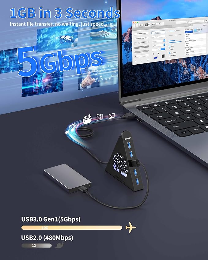 7-Port USB 3.0 Hub, Vertical USB Hub Splitter with RGB Lighting, 5Gbps High-Speed Data Transfer and 2FT Extension Cable, Compatible with Laptop, PC, Desktop, MacBook, PS5, Xbox, Flash Drive