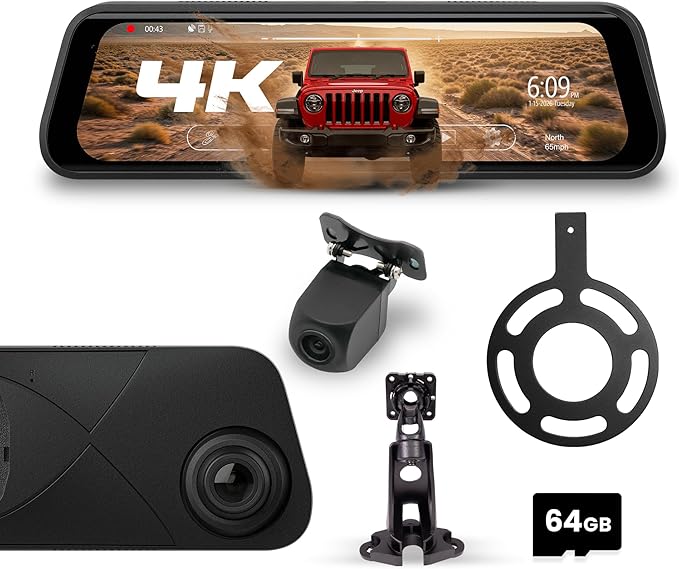 Stinger Jeep Wrangler JL (2018+) 9.66” 4K UHD Touchscreen Digital Rear View Mirror Monitor & 4K Front Dashcam, 2K Backup Camera, Anti-Glare Night Vision, Built-In DVR w/ 64GB SD Card, Impact Detection