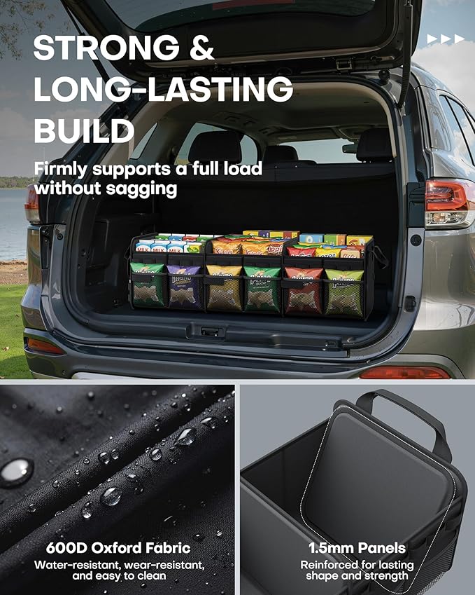 HOTOR Tactical Car Trunk Organizer - Foldable Trunk Organizer for SUV with Front MOLLE Pocket & Reflective Strips, Essential Car Accessories for Tools & Outdoor Storage, 11.6" x 31.9" x 11.0", Black