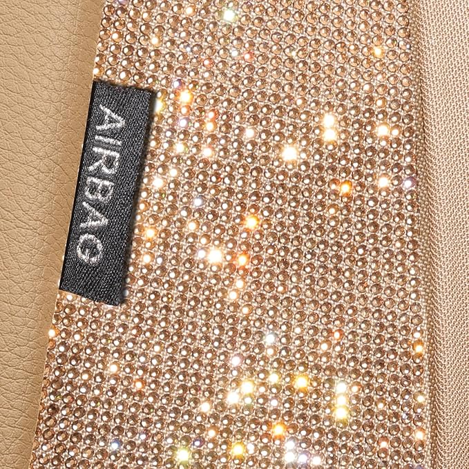 CAR PASS Bling Diamond Beige Leather Car Seat Covers Full Sets Interior Set, Waterproof Shining Glitter Sparkly Crystal Universal Armrest Fit for Automotive Truck SUV Cute Women Girl, Beige Rhinestone