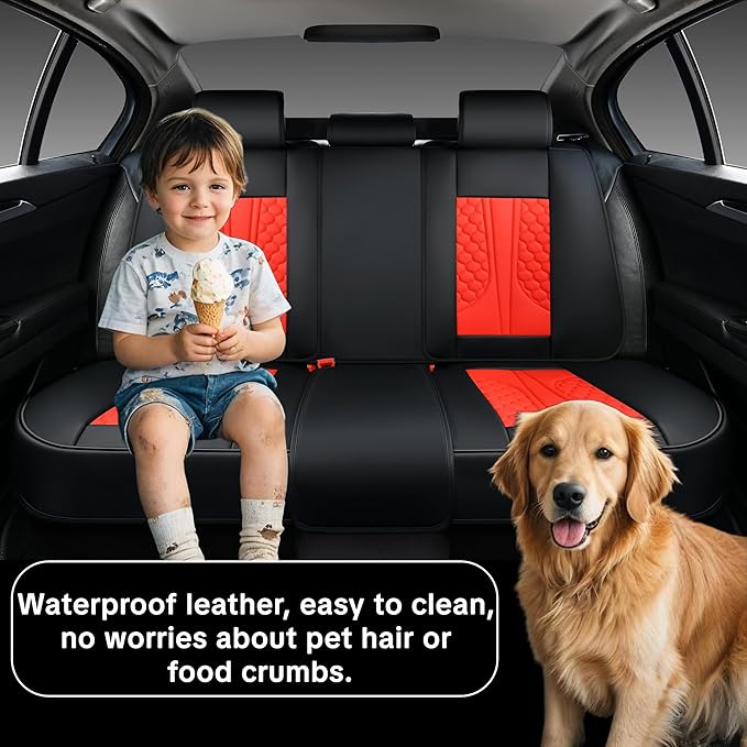 Car Seat Cover Set, Red Automotive Interior Accessories, Universal Fit, with Lumbar Support, Premium Nappa Leather, Waterproof, Non-Slip, Easy Installation, Fits SUVs, Pickups, Sedans