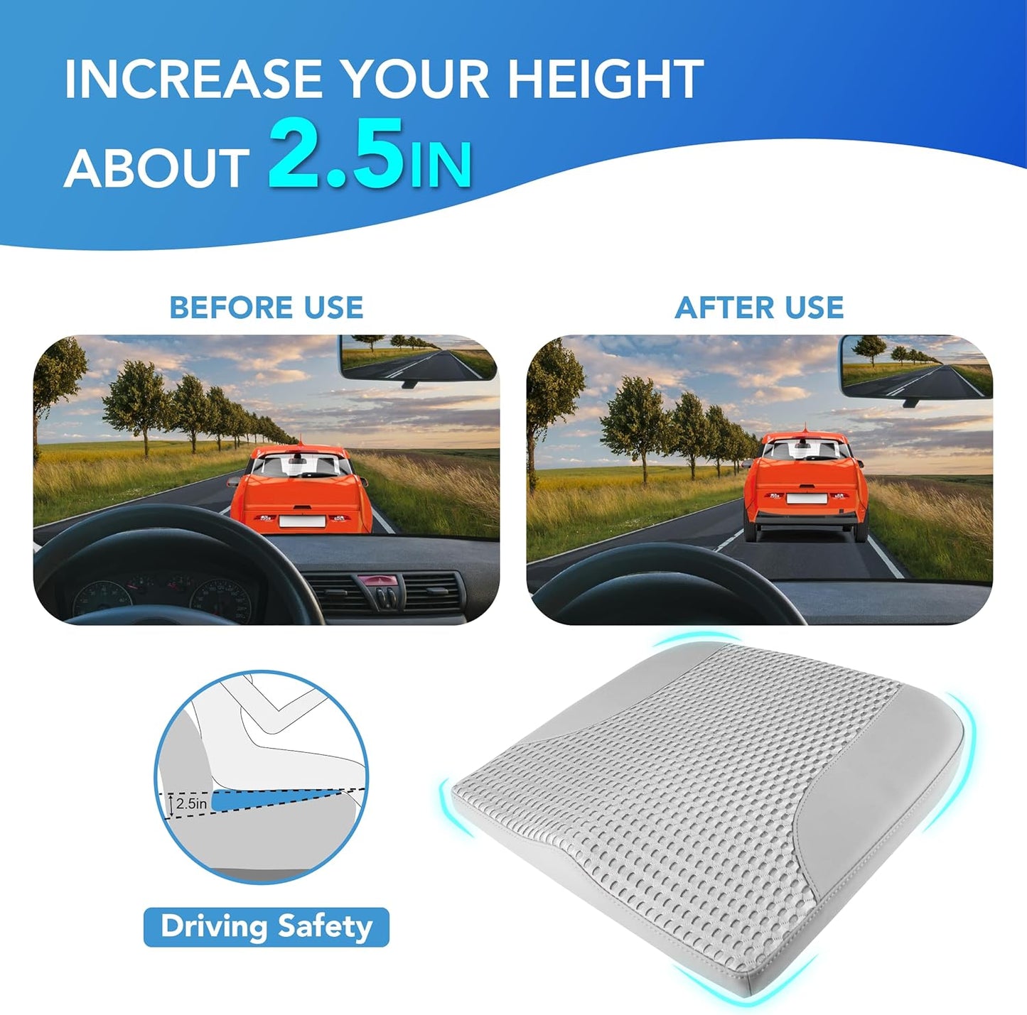 Car Seat Cushion, Comfortable Memory Foam Seat Pillow for Driving, Sciatica-Back Pain Relief, Cushion for Car-Truck, Office, Wheelchair - Gray