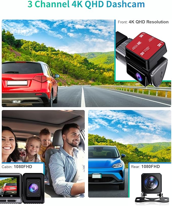 Dash Cam Front and Rear, 4K/2.5k Full HD 3 Channel Dash Camera for Car, Included 32G Card Dashcam, Built-in WiFi GPS, App Control, 3.18’ IPS Screen, Night Vision, Wide Angle, WDR, 24H Parking Mode