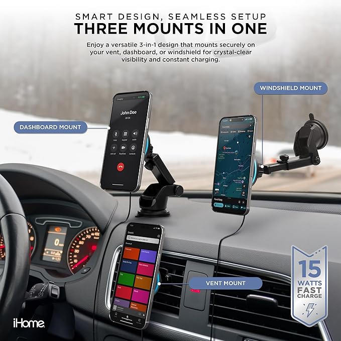 iHome 3-in-1 Magnetic Wireless Charging, Flexible Mount for Vent, Dash & Windshield, 15W Fast Charge