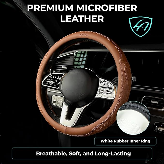 Lord Autofashion Steering Wheel Cover – PU Leather, Non-Slip Rubber Inner, All-Season Comfort – 14.5–15 Inch (Tan 9366)