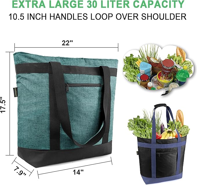 BeeGreen Insulated Cooler Bag with Handles Oversized Sturdy Leakproof Freezer Shopping Tote for Groceries Heavy Duty Thermal Food Delivery Bag Vintage Blue