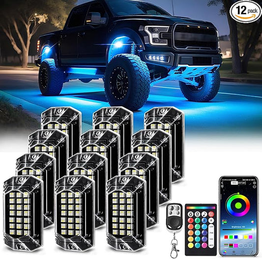 12 Pods Full Angle RGBW LED Rock Lights, 6500K Pure White RGB Rock Light for Truck Jeeps Pickup Offroad Golf Cart SUV UTV Underbody, 12V Waterproof Neon Underglow Kit with APP/RF Remote Sync Music