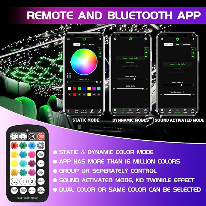 ATOKEE 32W Dual Color Starlight Headliner Kit, Sound Activated Fiber Optic Star Roof Lights with APP/Remote Control, 1000pcs 0.03in 13.1ft
