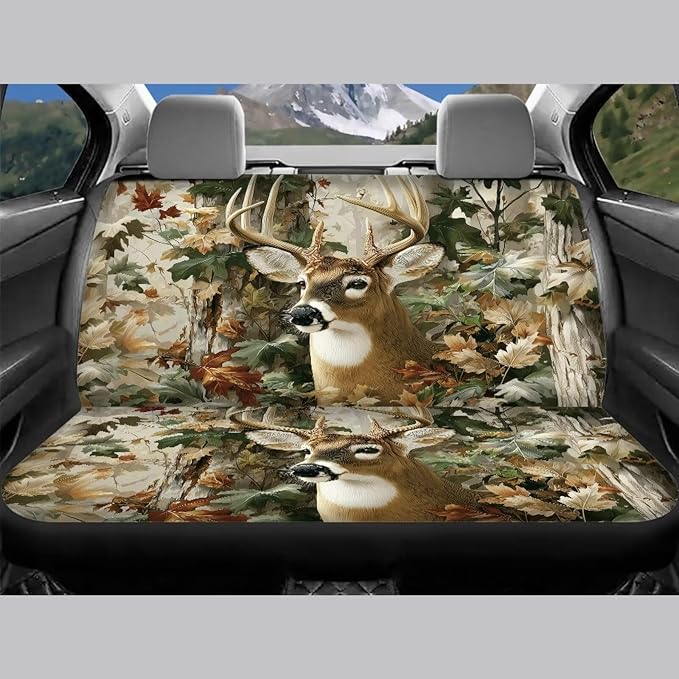 KEIAHUAN Camo Hunting Deer Car Front Back Seat Covers Front Bucket Seat Cover & Rear Bench Seat Protector Anti-Slip High Back Automotive Seat Covers Fit Most Vehicle Truck,SUV