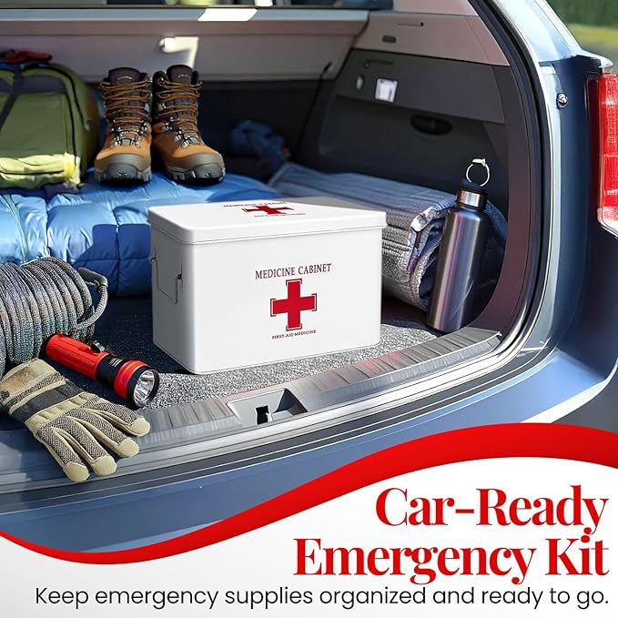 Flexzion First Aid Box Organizer Empty 13" White Vintage First Aid Kit Tin Metal Medical Box - First Aid Storage Box Container Bins with Dividers, Removable Tray and Red Cross Logo