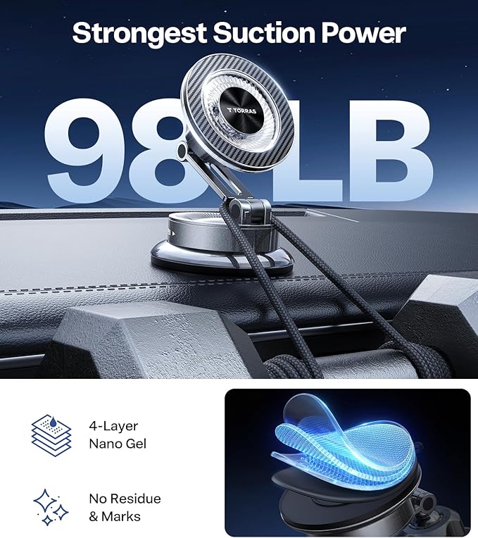TORRAS 2026 Upgraded Vacuum Car Phone Holder for MagSafe Car Mount [98+ LBS Strongest Suction | 24 N58 Magnets] 360° Adjustable Magnetic Phone Holders for Your Car, for iPhone 17-12 Pro Max Plus Air