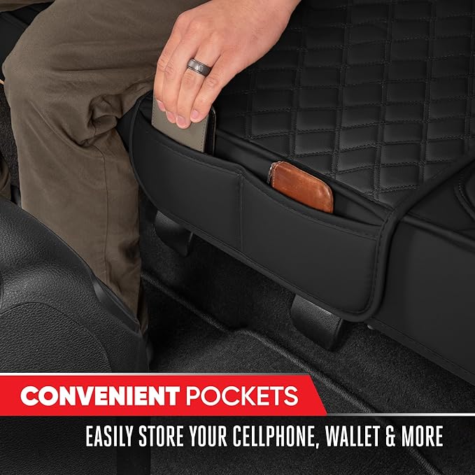 Motor Trend Rear Seat Cushion - Black Diamond Stitched Faux Leather Rear Seat Cover for Cars, Trucks, SUVs - Padded, Waterproof, Non-Slip Back Seat Cover with Storage Pockets