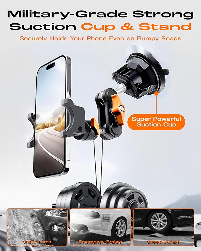 chubbycable ChubbyGrip Car Phone Holder 360° Adjustable Cell Phone Car Mount Ultra-Durable Metal Car Phone Mount for Windshield, Suction Cup Phone Mount for iPhone Samsung All Smartphone, Clamp
