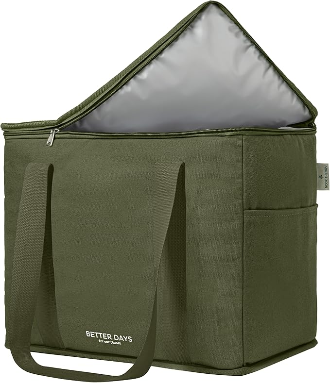 Nook Theory Reusable Insulated Grocery Bag - Leak Proof, X Large Cooler Bag - Insulated Shopping Bags for Groceries - Travel Cooler Bag for Frozen and Hot Food with Zippered Top (Forest)