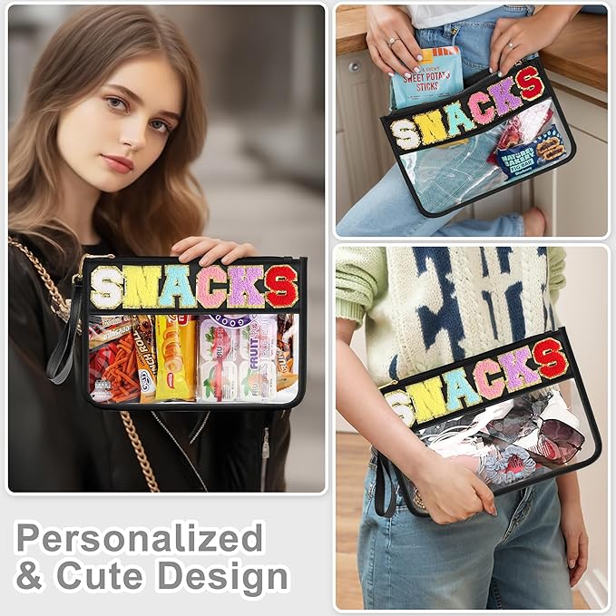 Snack Bag for Travel - Clear Chenille Varsity Letter Flat Pouch with Zipper, 12.2×8.46 inch Waterproof Clear Nylon Preppy Patch Makeup Cosmetic tote Bags for Women Girls