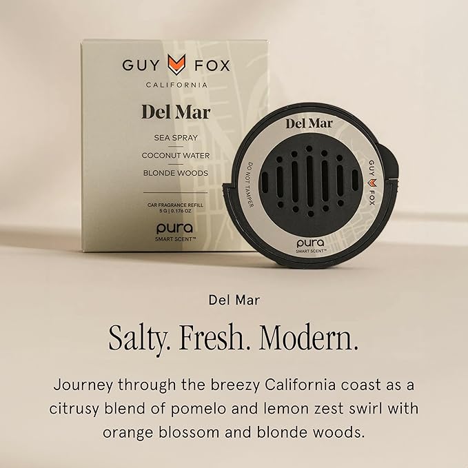 Pura & GUY FOX Car Scent Refill - Fragrance for Pura Car Diffuser - Clean & Safe Luxury Diffuser Scent - Long-Lasting Fragrance for 30 Days of Aroma - Spring & Summer Refills - Del Mar