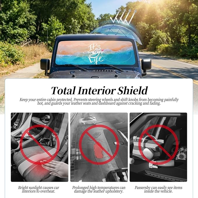 63"x28.5" Car Windshield Sun Shade with Storage Pouch, Stylish Printed Front Window Sunshade with Double Ring Frame, Universal Fit Foldable Heat Blocker & UV Protector for SUV, Sedan (Beach)