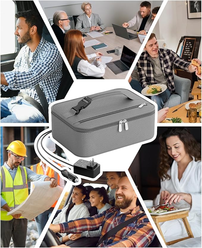 Portable Food Warmer - Heated Lunch Box for Adluts - Electric Thermal Lunch Bag with Buckle Handle, Heating Food Warmer Bags for 12V/24V Car & Truck, 110V/220V Home/Office, Gray