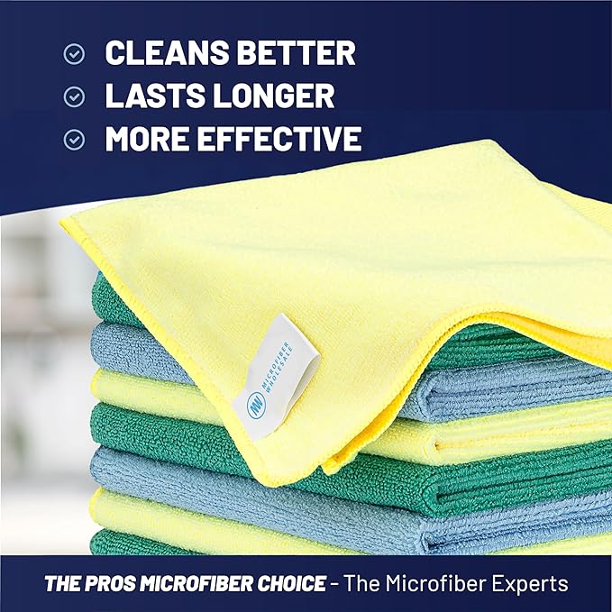 MW Pro Microfiber Cleaning Cloth | Blue, Green, Yellow (12 Pack) | Size 16" x 16" | All Purpose Microfiber Towels - Clean, Dust, Polish, Scrub, Absorbent