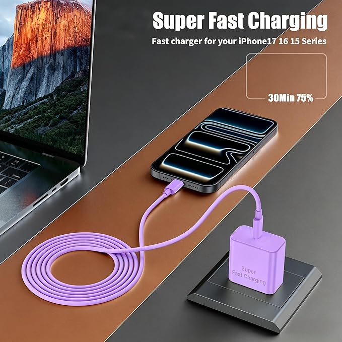 iPhone 17 16 Pro Max Charger Fast Charging, Super Fast USB C Chargers for iPhone 17(6FT+6FT+10FT) Type C Chargers Cord with Fast Charger Block for iPhone 17/16/15 series/iPad/ GalaxyS26/S25/S24 Purple