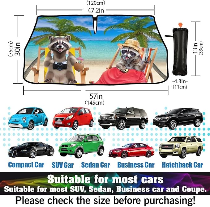 Raccoons Car Windshield Sun Shade Umbrella Beach Sunshades for Car Windshield Upgraded Hawaiian Sun Visor Protector for Sedan SUV Most Vehicles Printed Front Window Shades
