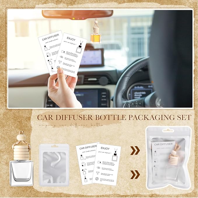 Boao 100 Sets Hanging Car Air Freshener Diffuser Bottles with Instruction Card and 4 x 6'' Resealable Holographic Bag for Empty Car Essential Oil Perfume Bottles Packaging (Cube)
