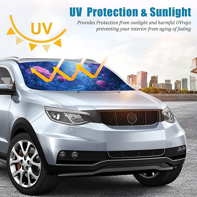 Rose Car Windshield Sun Shade Foldable Sunshade Front Window Cover Sun Visor Protector Accessories (59x27.5 inches)