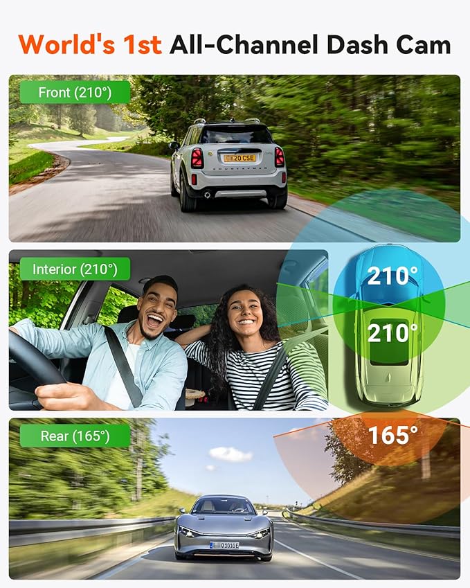 Vantrue E360 ACE All Channel Dash Cam, 585°, STARVIS 2, Front Inside Rear Full Coverage Dashcam with Selfie Stick Tripod, Fisheye, Dual IR Night Vision, Action Camera, Voice Control, GPS, Support 1TB